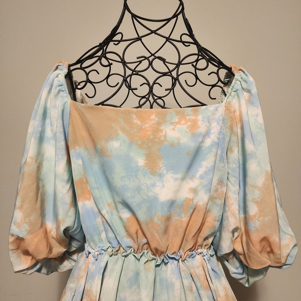 Tie Dye Tiered Maxi Dress Puff Sleeve Blue Orange Boho Size Medium - Picture 5 of 9